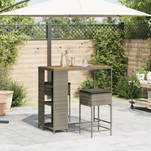 vidaXL Ensemble de bar de jardin 3 pcs et coussins gris r&eacute;sine tress&eacute;e