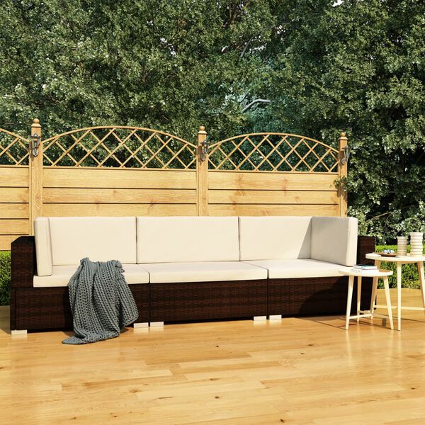 vidaXL Salon de jardin 3 pcs avec coussins Résine tressée Marron