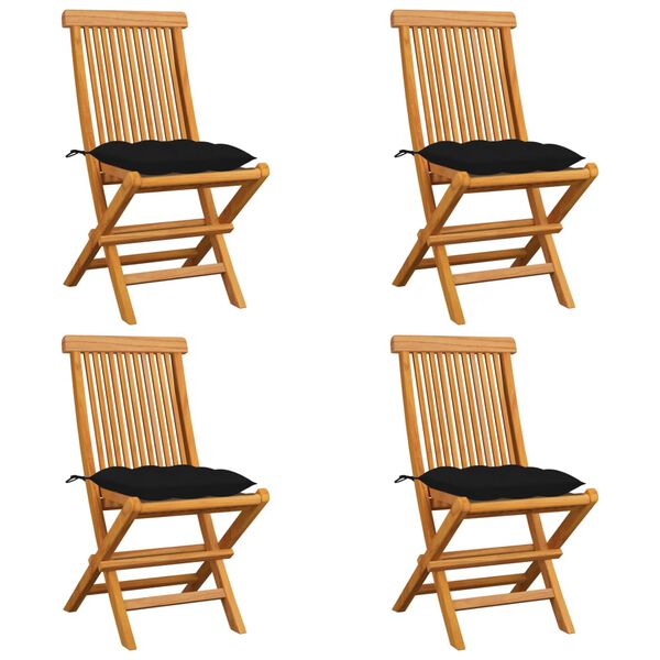 vidaXL Chaises de jardin et coussins noir lot de 4 Bois de teck massif