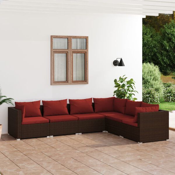vidaXL Salon de jardin 6 pcs avec coussins R&eacute;sine tress&eacute;e Marron