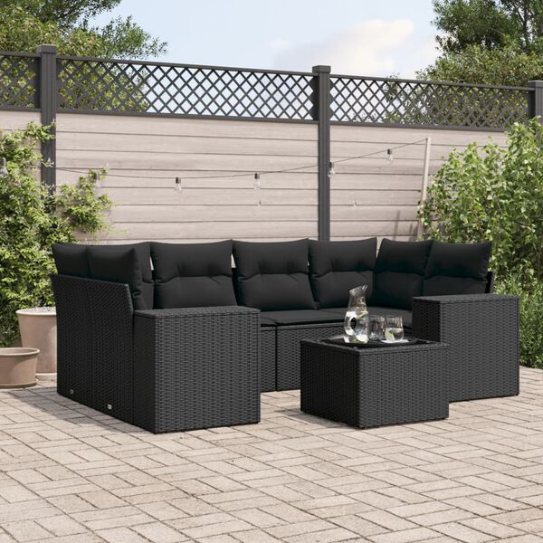 vidaXL Salon de jardin 7 pcs avec coussins noir r&eacute;sine tress&eacute;e