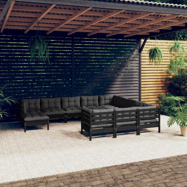 vidaXL Salon de jardin 11 pcs avec coussins Noir Bois de pin