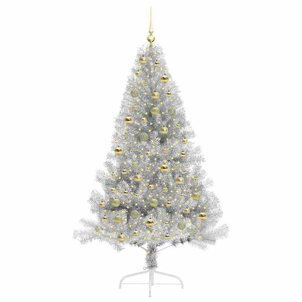 vidaXL Sapin de No&euml;l artificiel pr&eacute;-&eacute;clair&eacute; Argent 180 cm PET