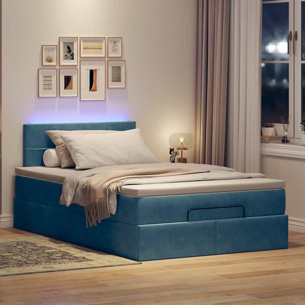 vidaXL Lit ottoman avec matelas et LED bleu fonc&eacute; 90x200cm velours