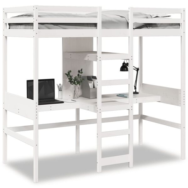 vidaXL Lit mezzanine avec bureau et &eacute;tag&egrave;res blanc 90x200cm pin massif