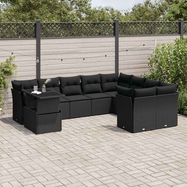 vidaXL Salon de jardin 10 pcs avec coussins noir r&eacute;sine tress&eacute;e