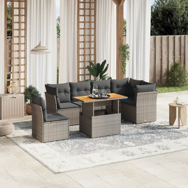 vidaXL Salon de jardin avec coussins 7 pcs gris r&eacute;sine tress&eacute;e