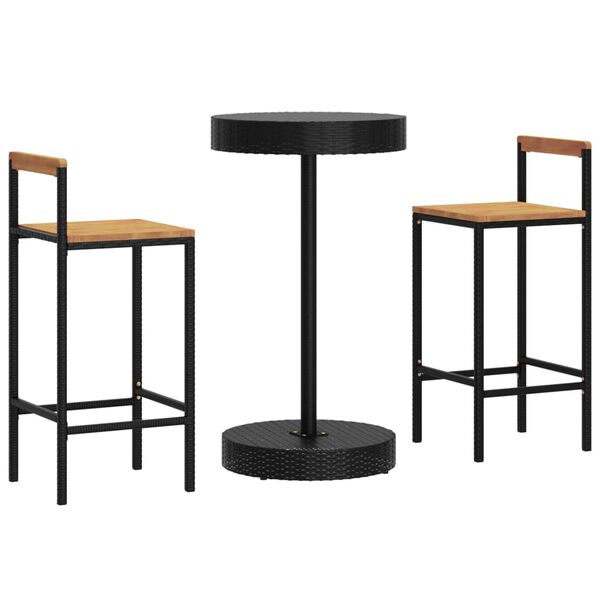 vidaXL Ensemble de bar jardin 3 pcs noir poly rotin/bois massif acacia