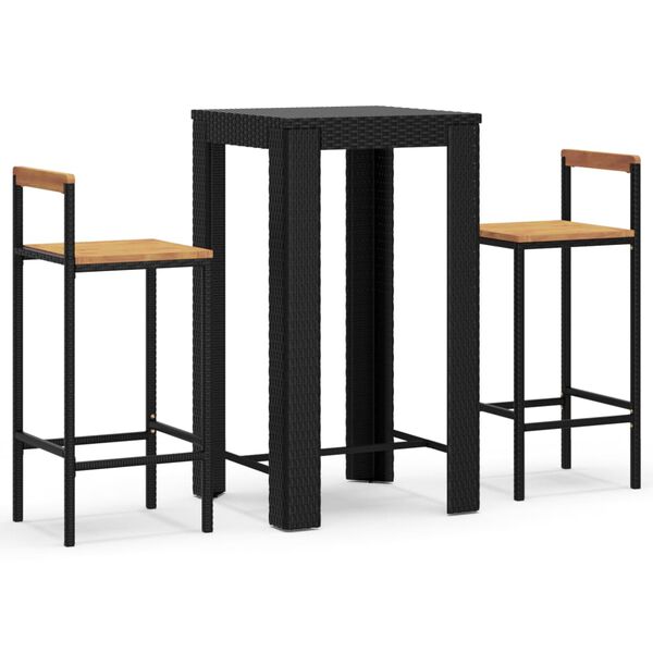 vidaXL Ensemble de bar jardin 3 pcs noir poly rotin/bois massif acacia