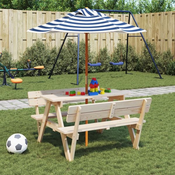 vidaXL Table de pique-nique pour 4 enfants avec parasol bois de sapin
