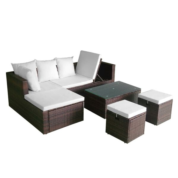 vidaXL Salon de jardin 4 pcs avec coussins Résine tressée Marron