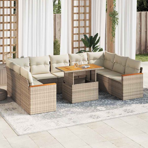vidaXL Salon de jardin avec coussins 10pcs beige résine tressée acacia