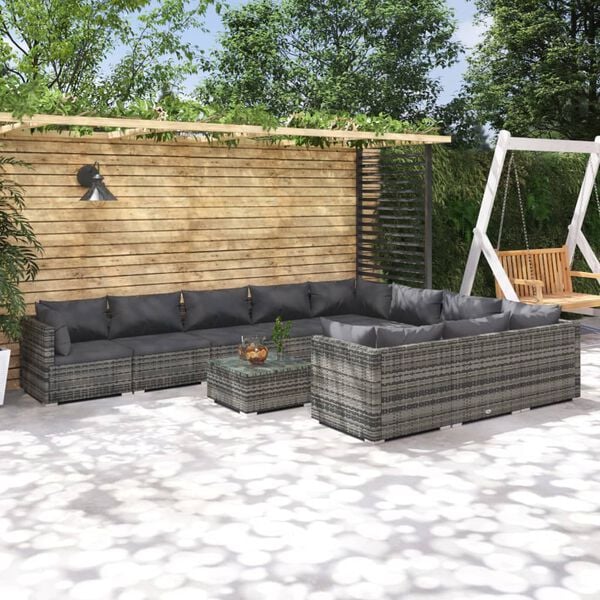 vidaXL Salon de jardin 11 pcs avec coussins R&eacute;sine tress&eacute;e Gris