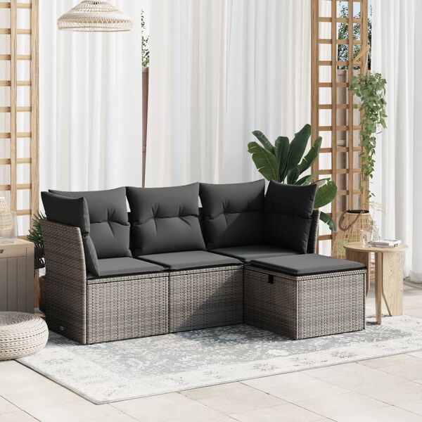 vidaXL Salon de jardin 4 pcs avec coussins gris r&eacute;sine tress&eacute;e