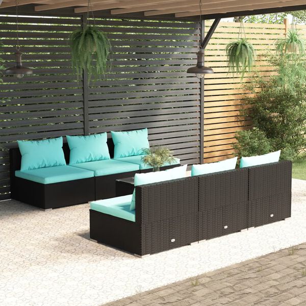 vidaXL Salon de jardin 7 pcs avec coussins R&eacute;sine tress&eacute;e Noir