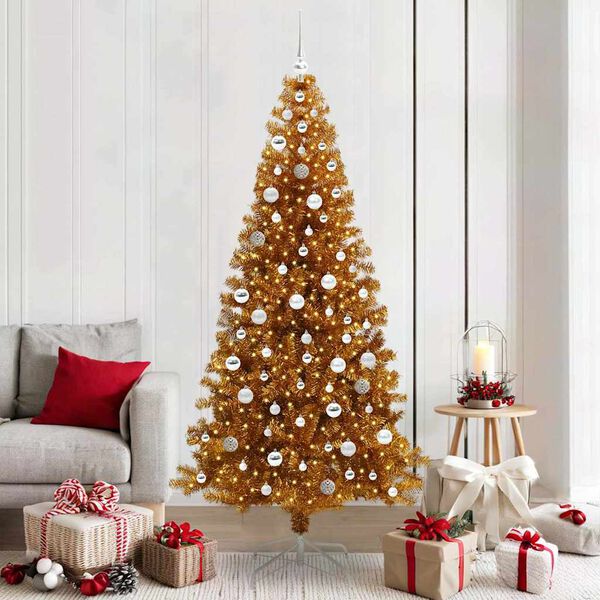 vidaXL Sapin de No&euml;l avec 300 LED avec support Dor&eacute; 210 cm PET