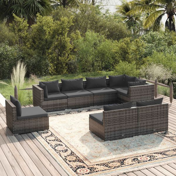 vidaXL Salon de jardin 8 pcs avec coussins r&eacute;sine tress&eacute;e gris