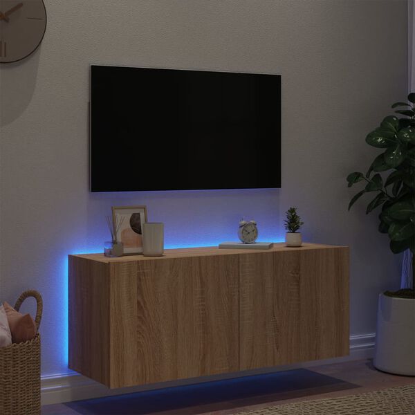 vidaXL Meuble TV mural avec lumi&egrave;res LED ch&ecirc;ne sonoma 100x35x41 cm
