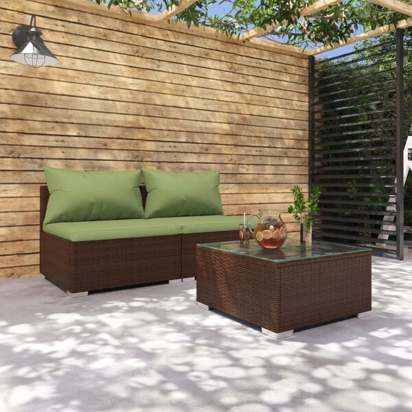 vidaXL Salon de jardin 3 pcs avec coussins R&eacute;sine tress&eacute;e Marron