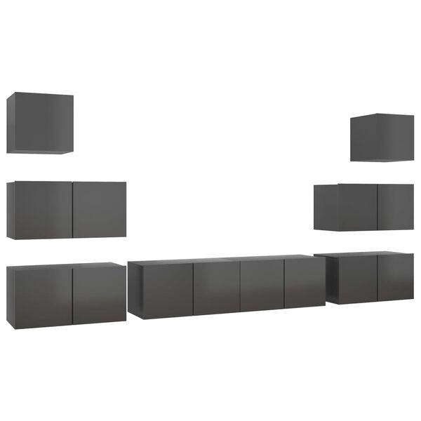vidaXL Ensemble de meuble TV 8 pcs Gris brillant Bois d'ing&eacute;nierie