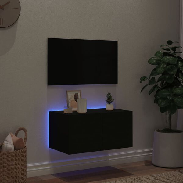 vidaXL Meuble TV mural avec lumi&egrave;res LED noir 60x35x31 cm