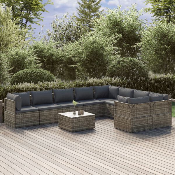 vidaXL Salon de jardin 10 pcs avec coussins Gris R&eacute;sine tress&eacute;e