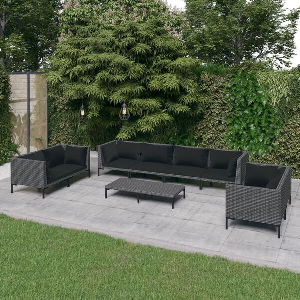 vidaXL Salon de jardin 9 pcs avec coussins Résine tressée Gris foncé