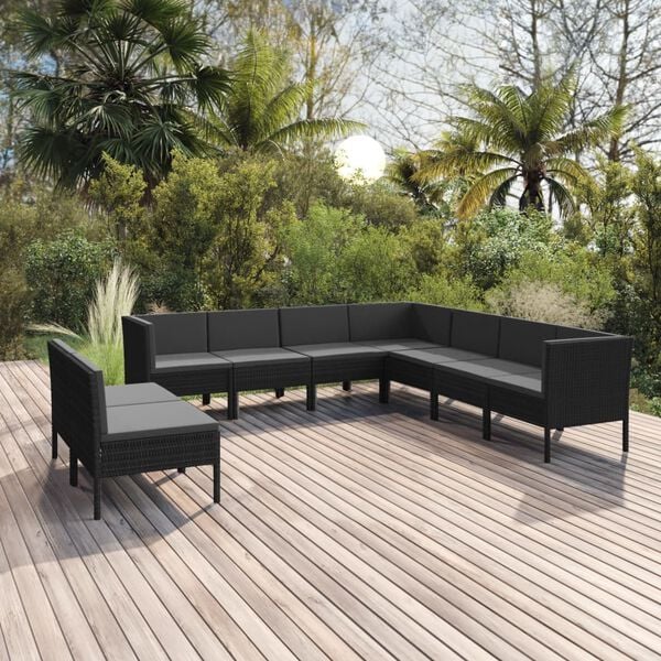 vidaXL Salon de jardin 9 pcs avec coussins R&eacute;sine tress&eacute;e Noir