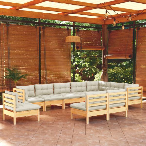vidaXL Salon de jardin 10 pcs avec coussins cr&egrave;me bois de pin massif