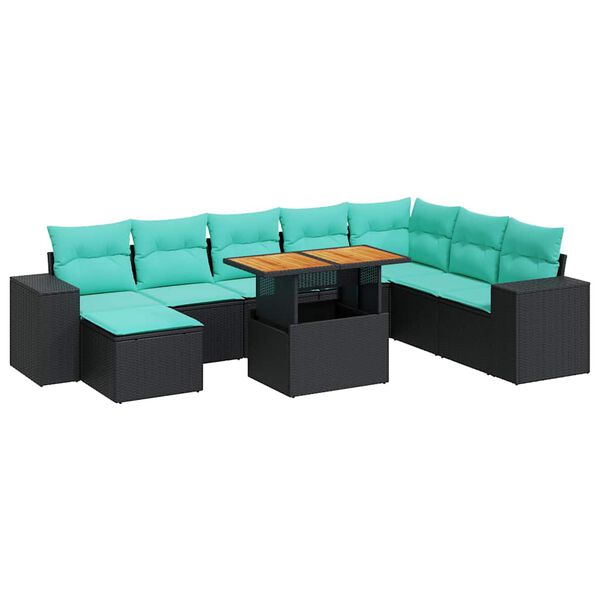 vidaXL Salon de jardin 9 pcs avec coussins noir r&eacute;sine tress&eacute;e