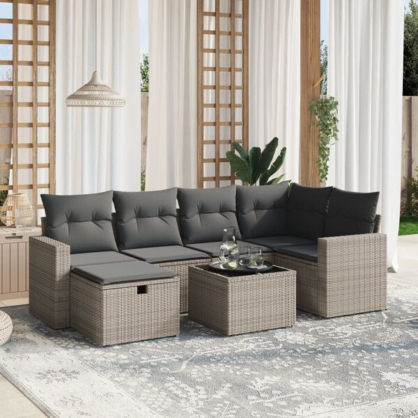 vidaXL Salon de jardin avec coussins 7 pcs gris r&eacute;sine tress&eacute;e