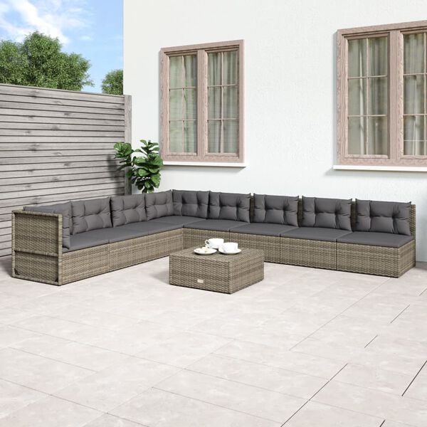 vidaXL Salon de jardin 8 pcs avec coussins Gris R&eacute;sine tress&eacute;e