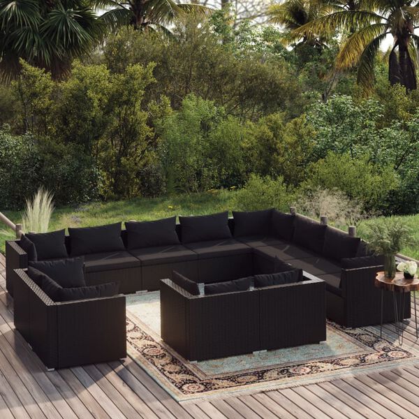 vidaXL Salon de jardin 12 pcs avec coussins Noir R&eacute;sine tress&eacute;e
