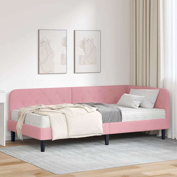 vidaXL Cadre de lit d'angle avec matelas Rose 90 x 200 cm Velours