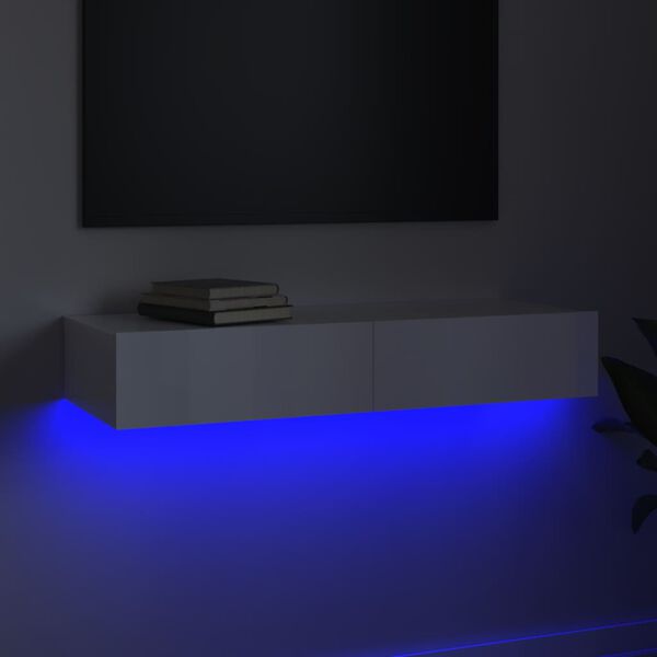 vidaXL Meuble TV avec lumi&egrave;res LED Blanc brillant 90x35x15,5 cm