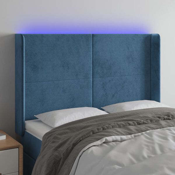 vidaXL T&ecirc;te de lit &agrave; LED Bleu fonc&eacute; 147x16x118/128 cm Velours