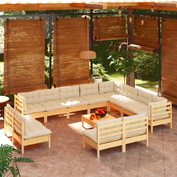 vidaXL Salon de jardin 13 pcs avec coussins cr&egrave;me Bois de pin solide