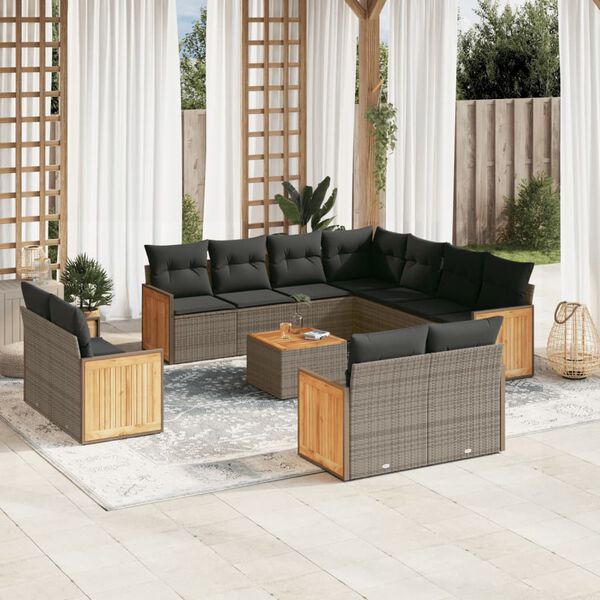 vidaXL Salon de jardin avec coussins 12 pcs gris r&eacute;sine tress&eacute;e