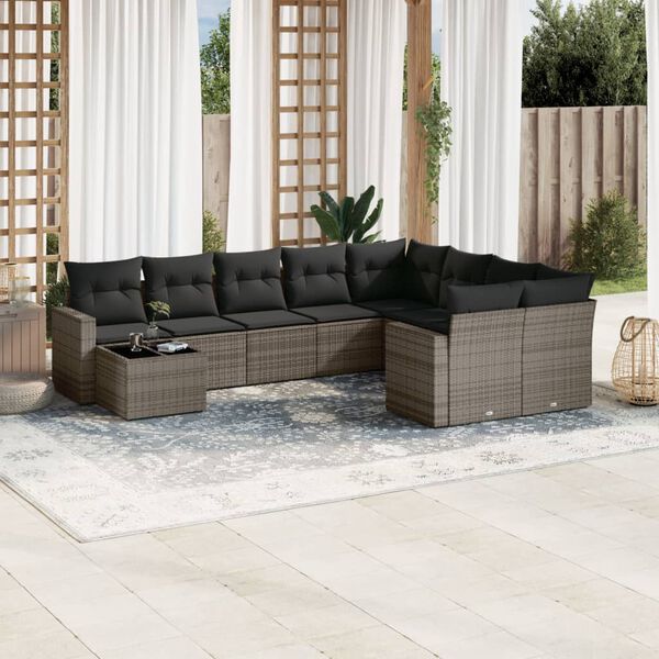 vidaXL Salon de jardin avec coussins 10 pcs gris résine tressée