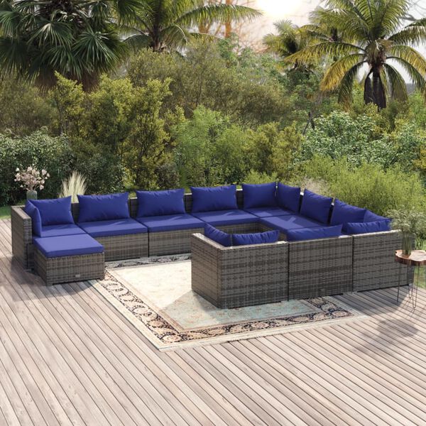 vidaXL Salon de jardin 11 pcs avec coussins R&eacute;sine tress&eacute;e Gris