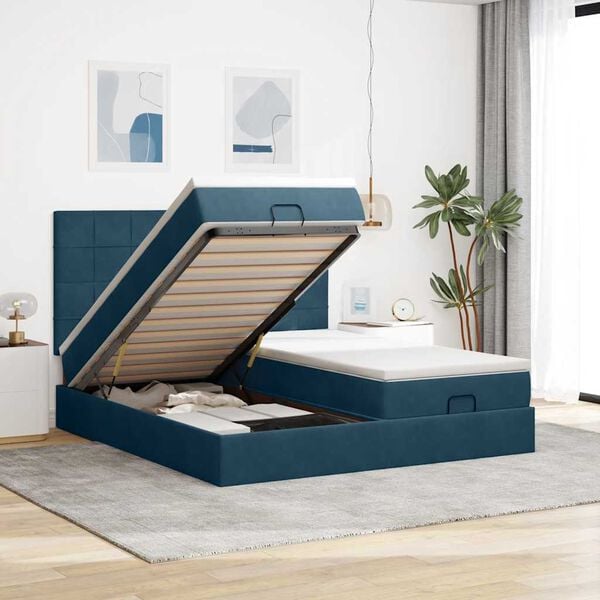 VidaXL Cadre de lit ottoman avec matelas bleu fonc&eacute; 180x200 cm velours
