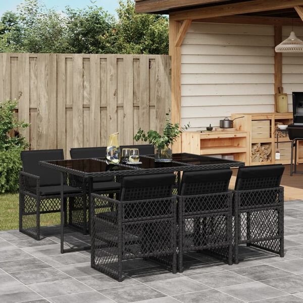 vidaXL Ensemble &agrave; manger de jardin coussins 7 pcs noir r&eacute;sine tress&eacute;e