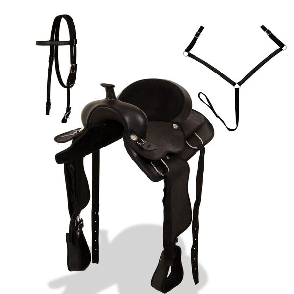 vidaXL Selle, bridon et col de poitrine Cuir véritable 15 po Noir