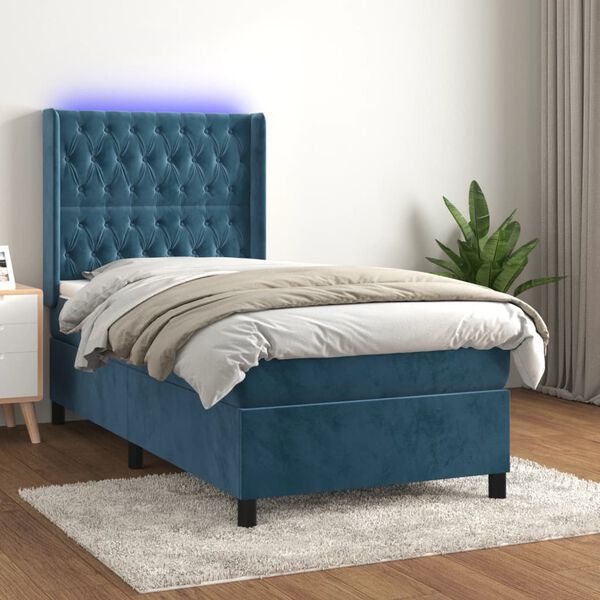 vidaXL Sommier &agrave; lattes de lit matelas LED Bleu fonc&eacute; 90x200cm Velours