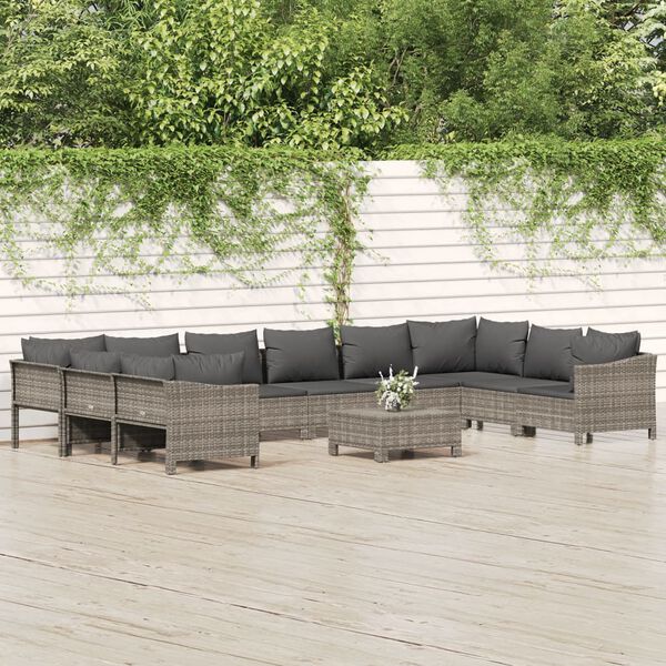 vidaXL Salon de jardin 11 pcs avec coussins Gris Résine tressée