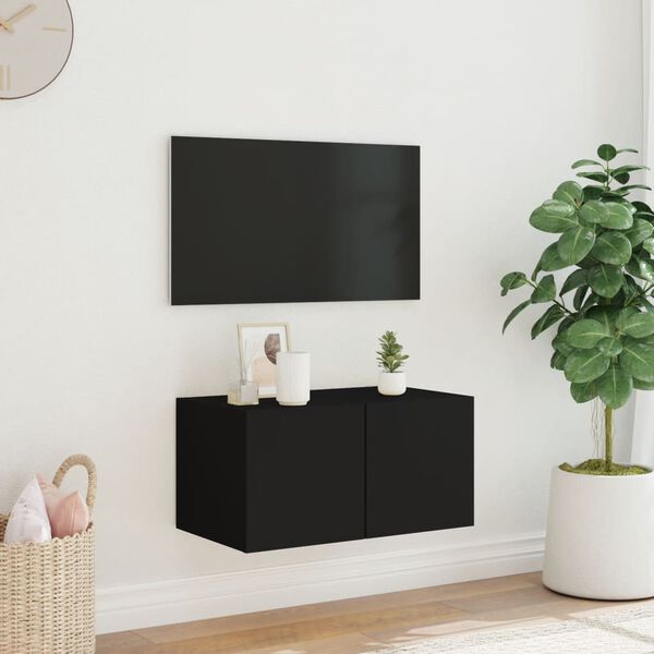 vidaXL Meuble TV mural avec lumi&egrave;res LED noir 60x35x31 cm
