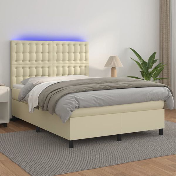 vidaXL Sommier &agrave; lattes de lit avec matelas et LED Cr&egrave;me 140x190 cm