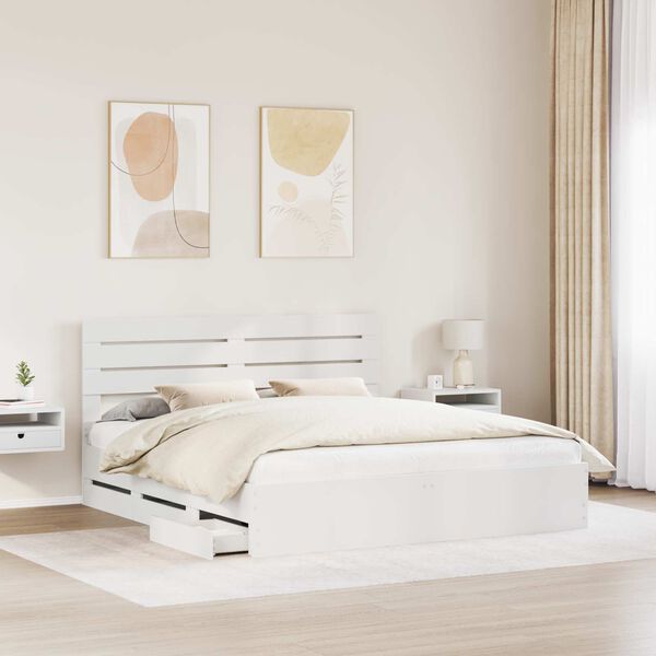 vidaXL Cadre de lit avec tiroir Blanc 200 x 200 cm Bois Ing&eacute;nierie