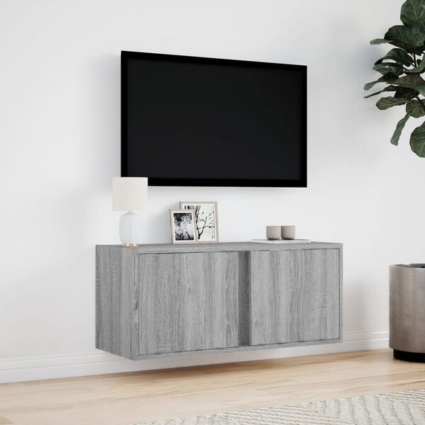 vidaXL Meuble TV mural avec lumi&egrave;res LED sonoma gris 80x31x35 cm