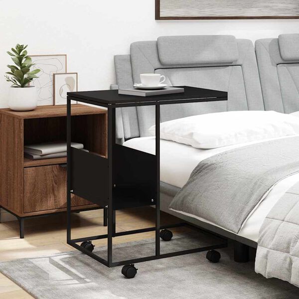 vidaXL Table d'appoint avec roues noir 55x36x63,5 cm bois d'ing&eacute;nierie